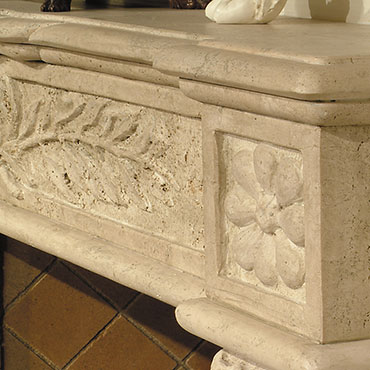 Camelia camino cornice in marmo travertino anticato lavorato a mano da Caminetti Carfagna