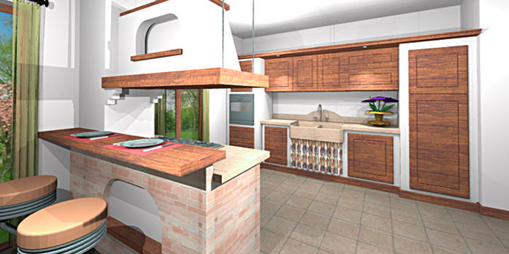 Progettazione di cucine rustiche su misura personalizzate con render 3D - Caminetti Carfagna