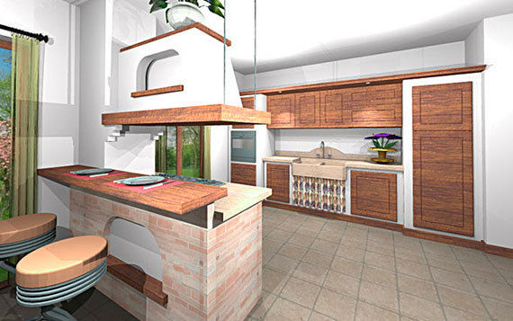 Progettazione di cucine rustiche su misura personalizzate con render 3D - Caminetti Carfagna