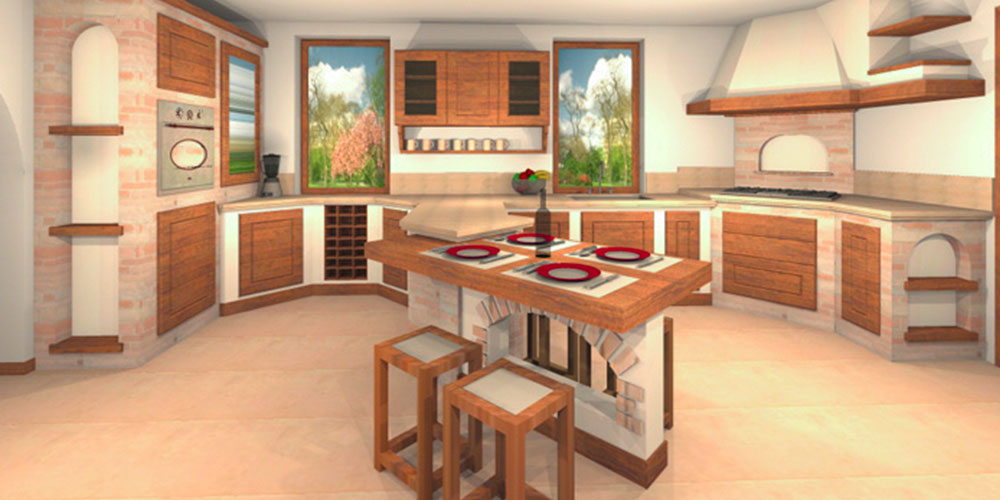 Progettazione di cucine rustiche su misura personalizzate con render 3D - Caminetti Carfagna