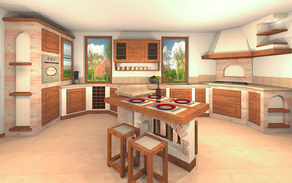 Progettazione di cucine rustiche su misura personalizzate con render 3D - Caminetti Carfagna